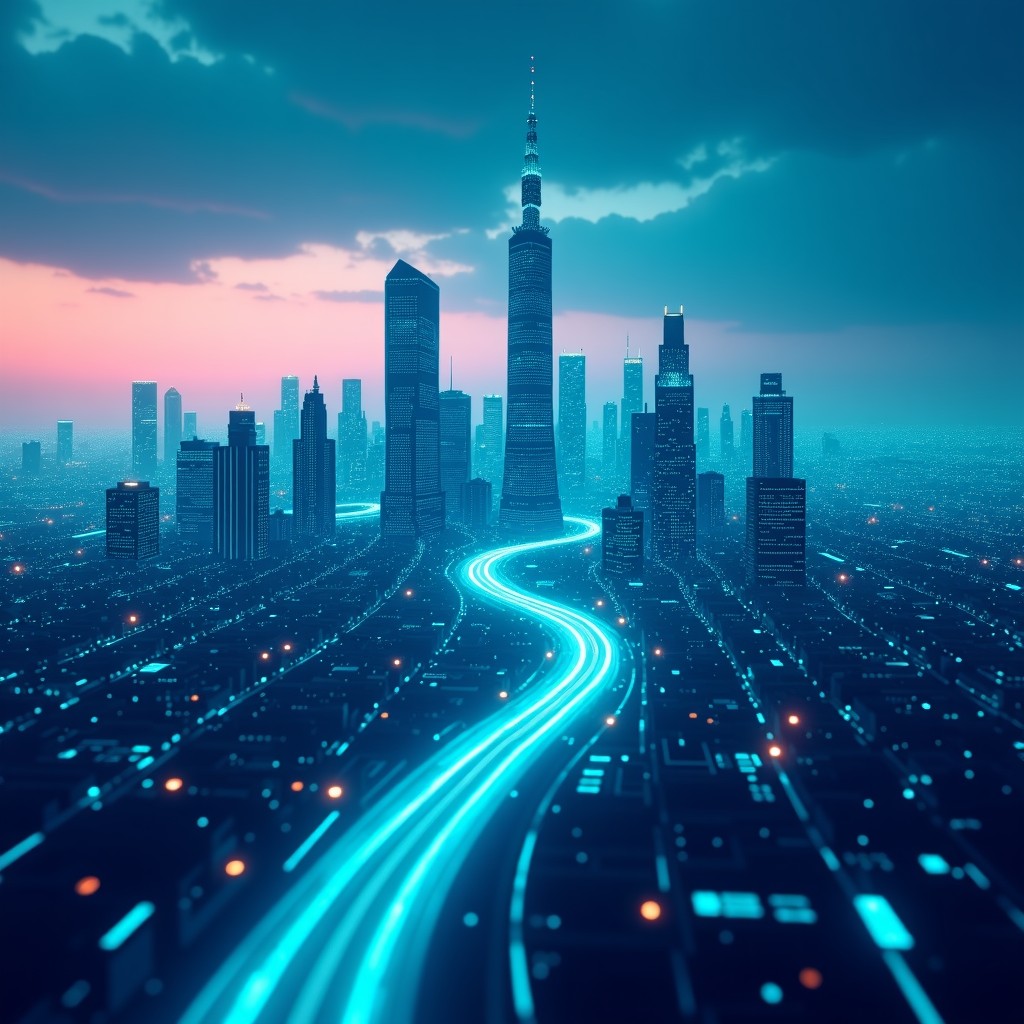 A futuristic city skyline at twilight with glowing digital data streams and network connections weaving through architecture in vibrant blue and teal tones 4:3