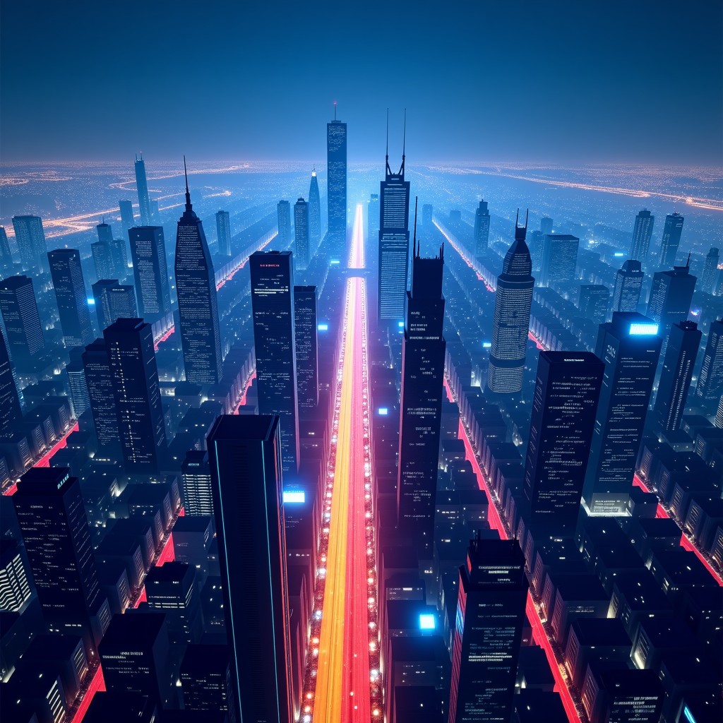 A vibrant nighttime cityscape of a global technology hub with digital data streams and light trails connecting skyscrapers, representing the flow of information and AI influence, high angle view, 4:3