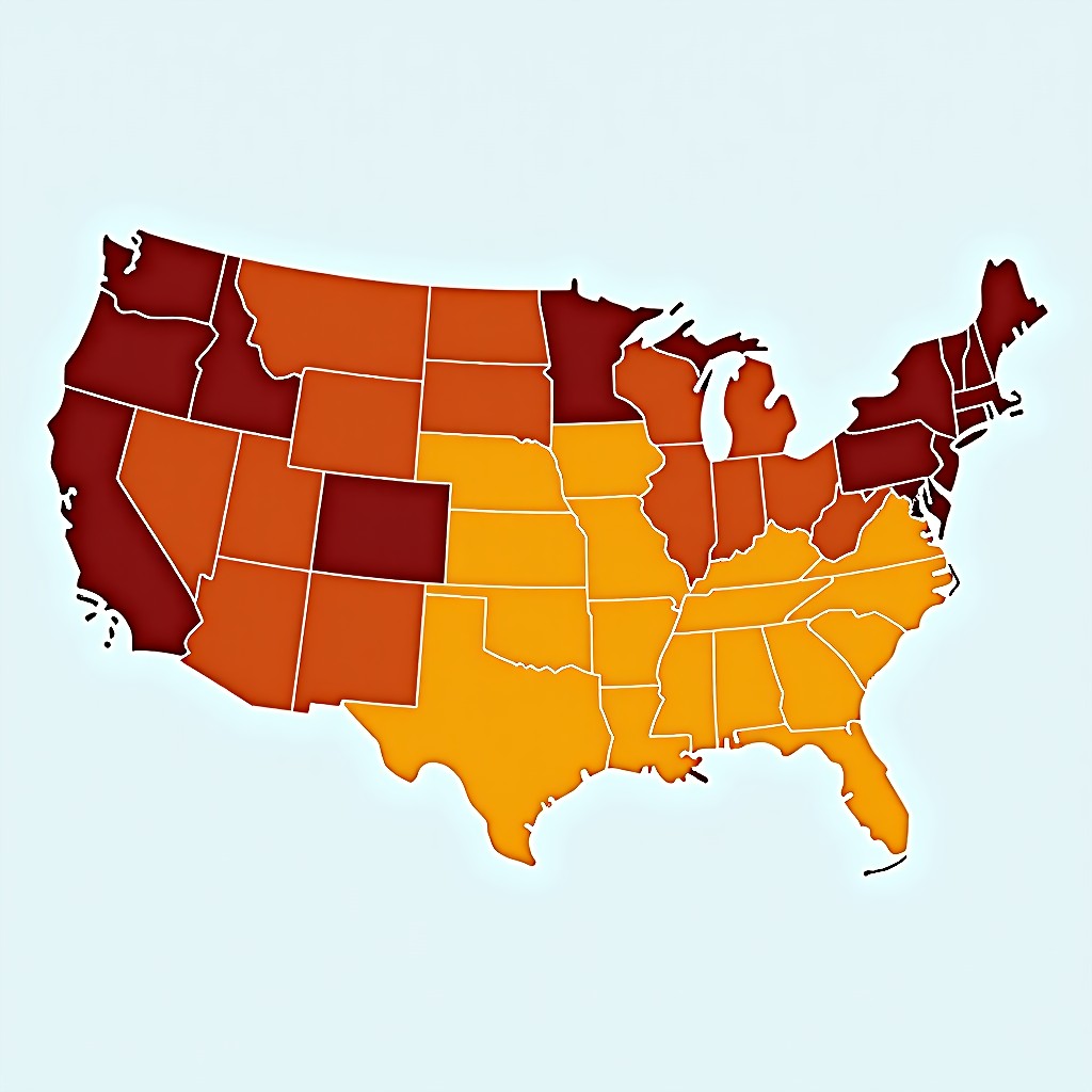 A map of the United States with specific states highlighted in caution colors, icons of data centers with small warning symbols over them, 4:3
