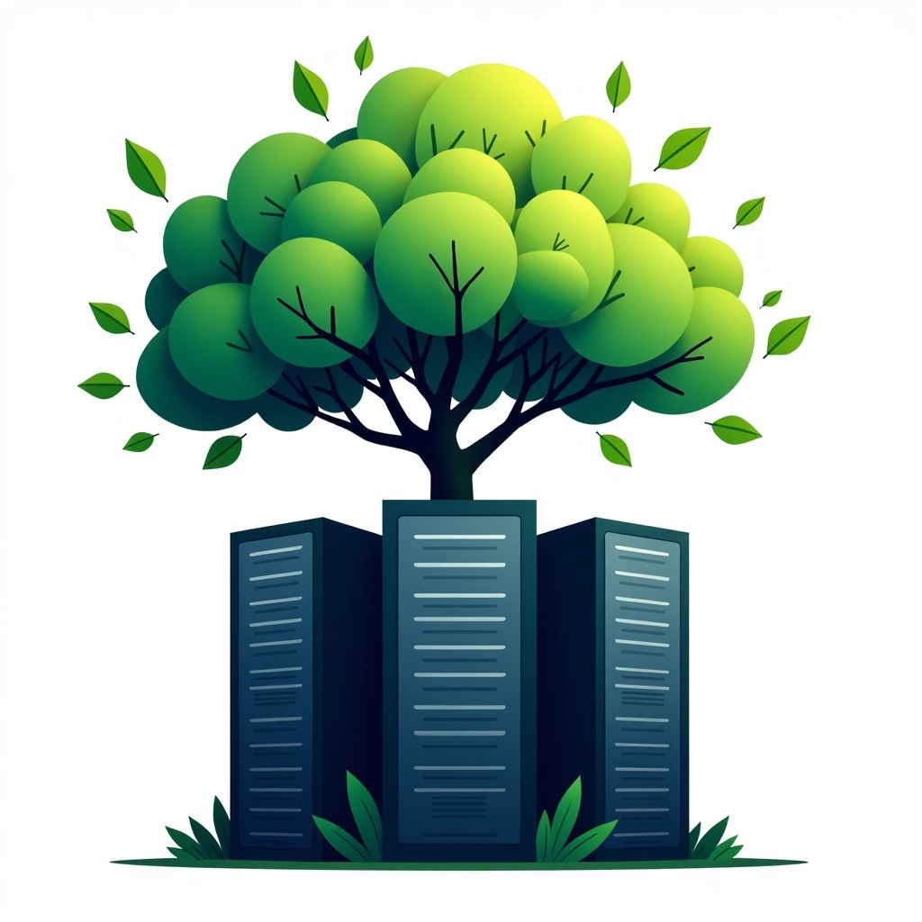 Abstract illustration of digital server racks intertwined with green tree branches and leaves, artistic and conceptual, 1:1