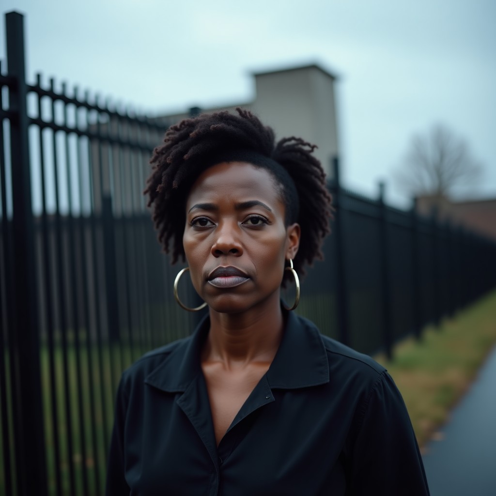 A portrait of a concerned middle-aged African American woman standing in front of a modern black metal fence, a large industrial building partially visible in the blurred background under a gloomy sky, 4:3