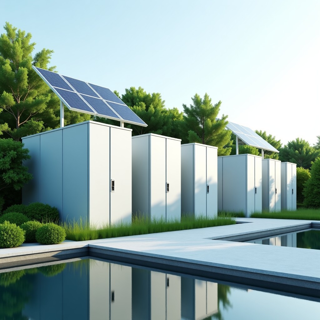 Futuristic large scale battery storage units integrated with solar panels and green architecture, clean and modern design, 4:3