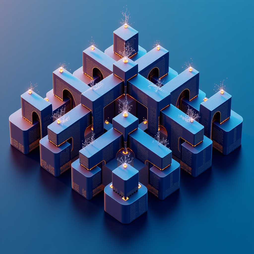 Abstract visualization of complex geometric data structures forming a 3D architecture, blue and gold color palette, digital art style, high resolution, no text, 4:3