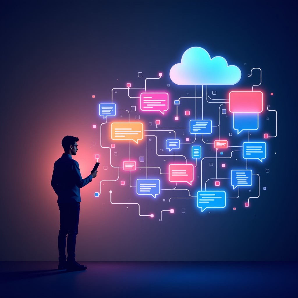 Abstract representation of digital chat bubbles transforming into colorful advertising banners and tags. Glowing data streams flow between a human silhouette and a cloud server. Modern high-contrast infographic style. No text. 1:1