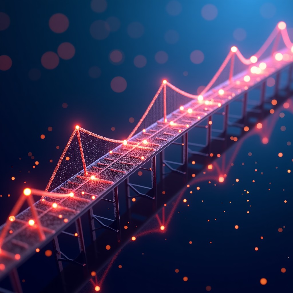 An abstract artistic rendering of a glowing digital bridge connecting traditional geometric shapes to complex glowing neural networks. The background is a dark deep blue with particles representing flowing data. 4:3