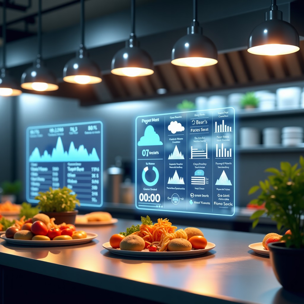 A sophisticated commercial kitchen with holographic data overlays showing efficiency metrics and stock levels, warm food photography lighting, clean and professional atmosphere, 4:3