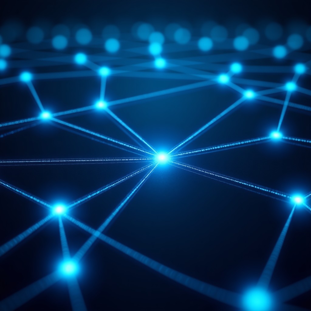 A digital network graph representing knowledge and data connections, glowing lines and nodes, high tech atmosphere, dark blue background, 4:3