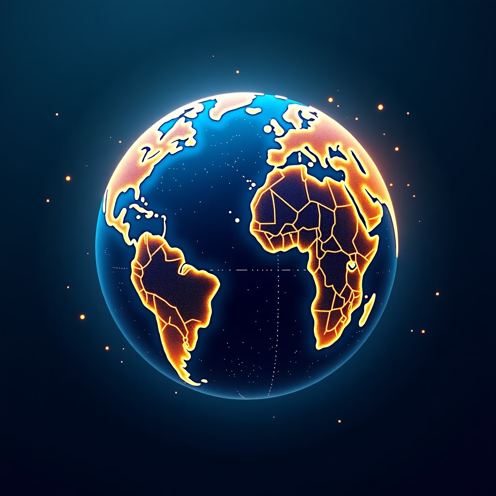 Abstract digital globe with neural network connections, high contrast blue and gold palette, 4:3