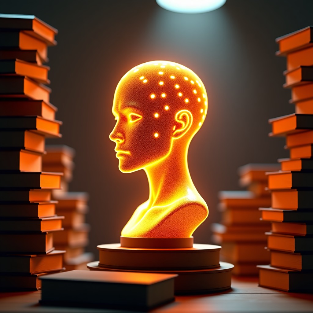 A sophisticated AI entity in a classical library setting, glowing digital neural patterns on a human-like bust, surrounding by floating books, warm amber lighting, detailed textures, 4:3