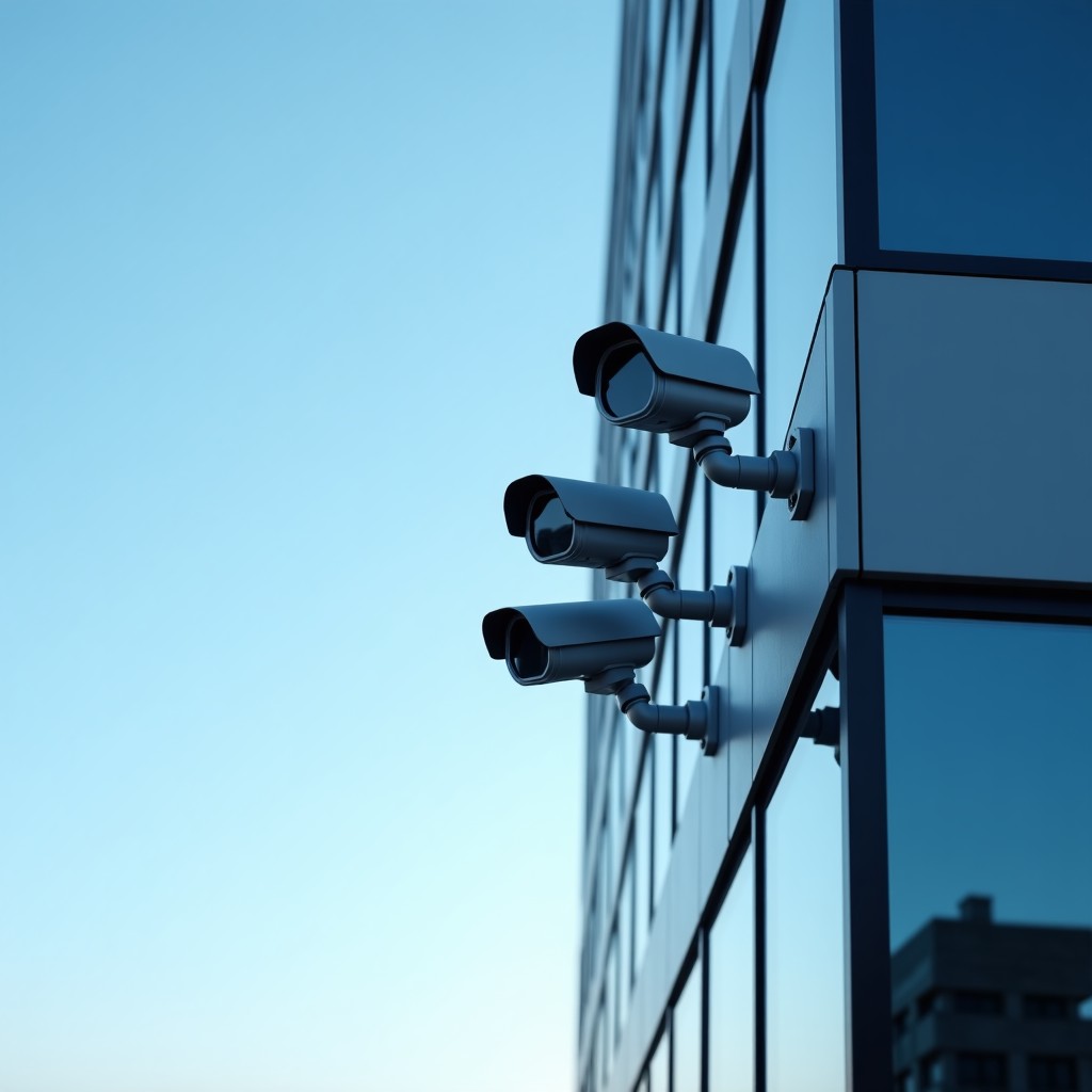 Multiple sleek smart security cameras mounted on a modern city building corner, clear blue sky, wide angle, high contrast, realistic architecture photography, 1:1