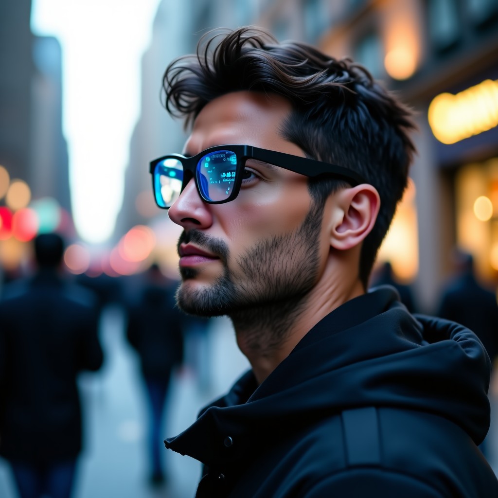 A person wearing stylish modern smart glasses in a busy city setting, subtle digital overlay showing facial recognition markers and data nodes, cinematic lighting, high quality photography, 1:1