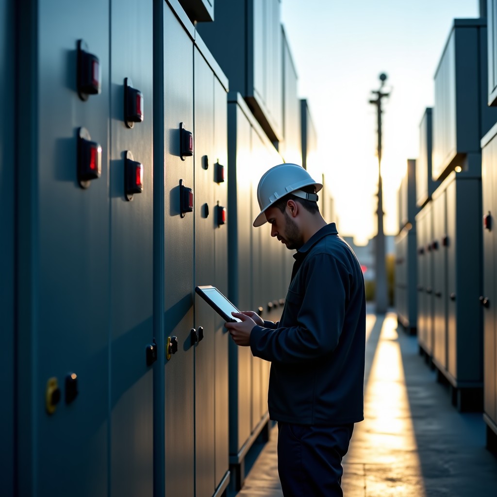 A professional technician inspecting a modern urban power grid infrastructure, focus on advanced electrical components, bright daylight, realistic cinematic lighting, 4:3