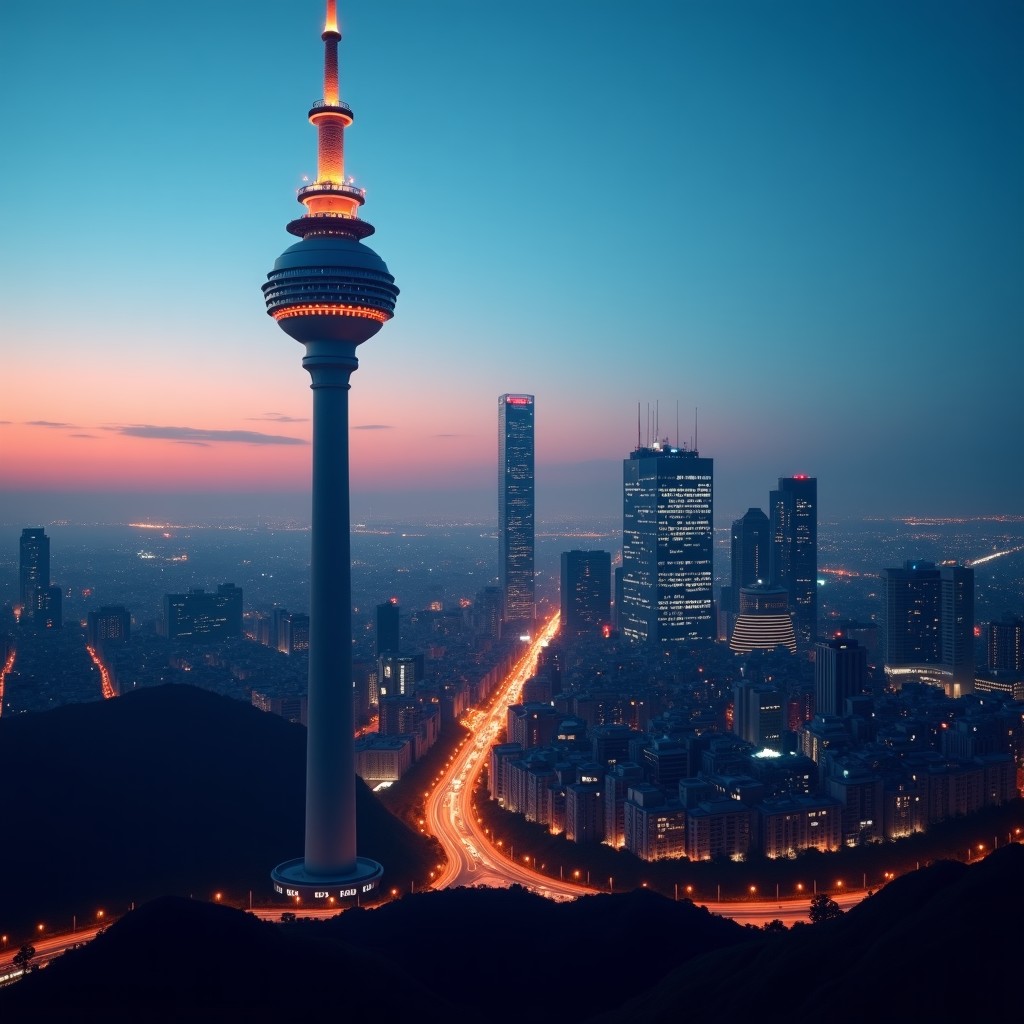 A tall broadcasting tower in the center of a modern city at twilight, glowing lights from the tower and surrounding buildings, cinematic photography, long exposure, 4:3