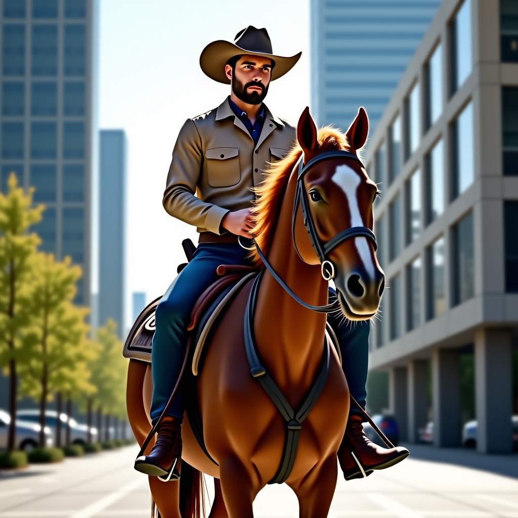 A professional cowboy in full western gear riding a brown horse in a modern urban plaza with skyscrapers in the background. He is holding a lasso and looking determined. Realistic photography style with natural daylight. 4:3