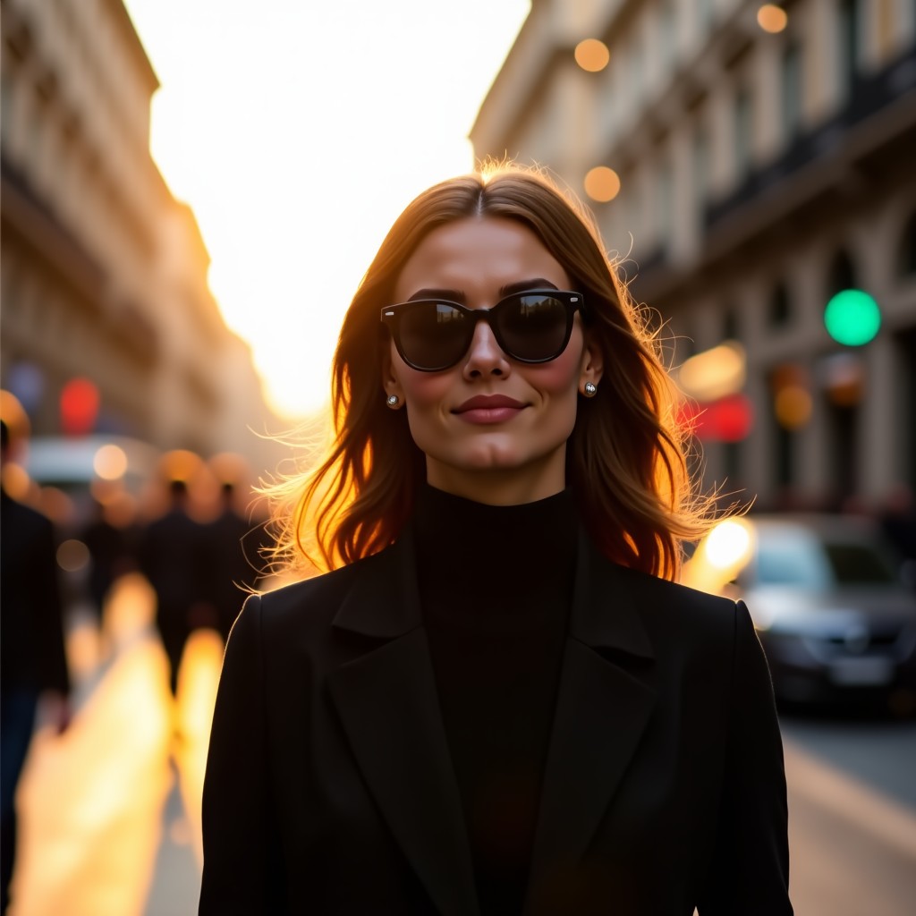 A stylish person walking on a busy Milan street wearing elegant black designer glasses, golden hour lighting, urban chic lifestyle photography, 4:3