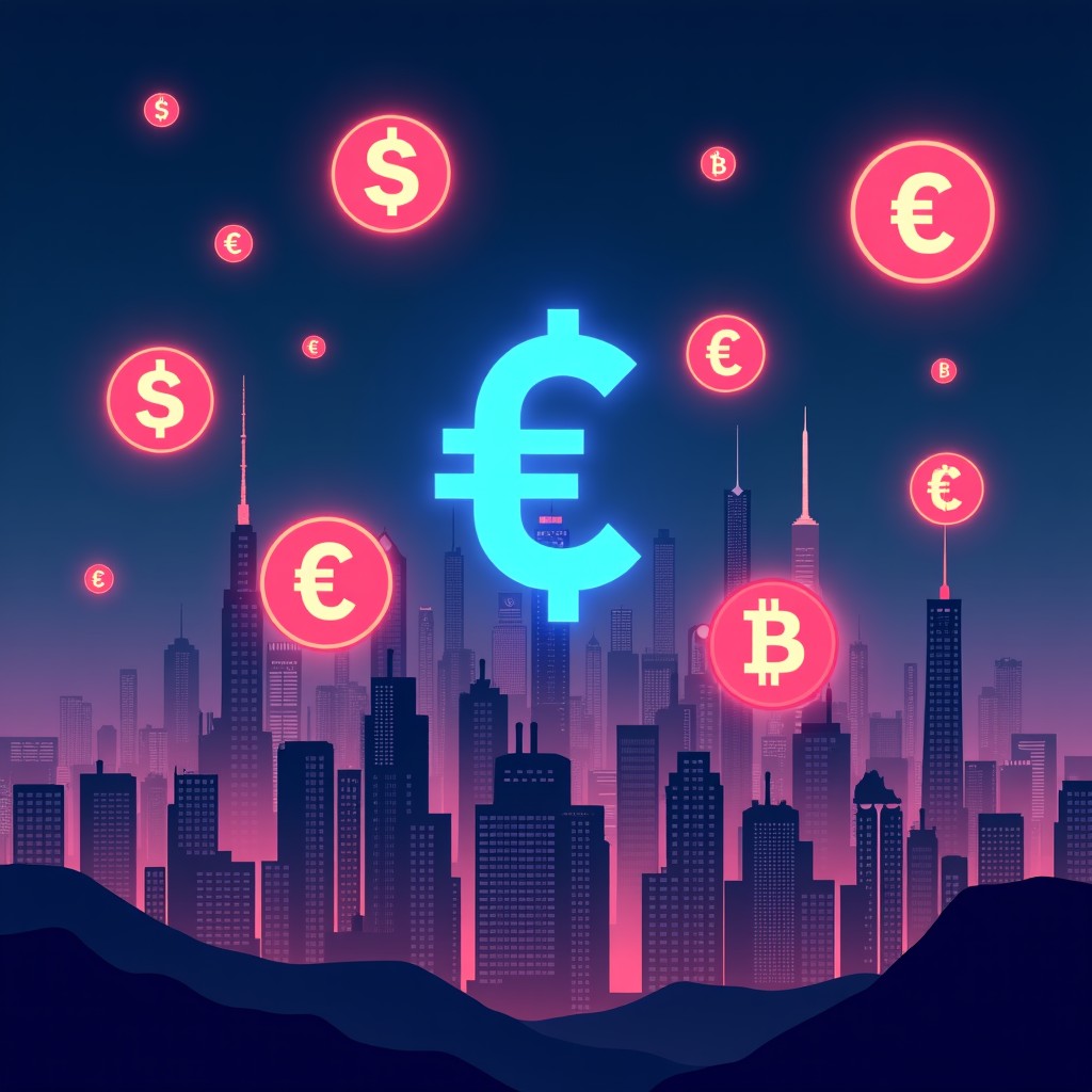 A visualization of digital currency symbols floating over a cityscape, representing the shift in payment systems and ghost GDP, high contrast, vibrant digital elements, 1:1