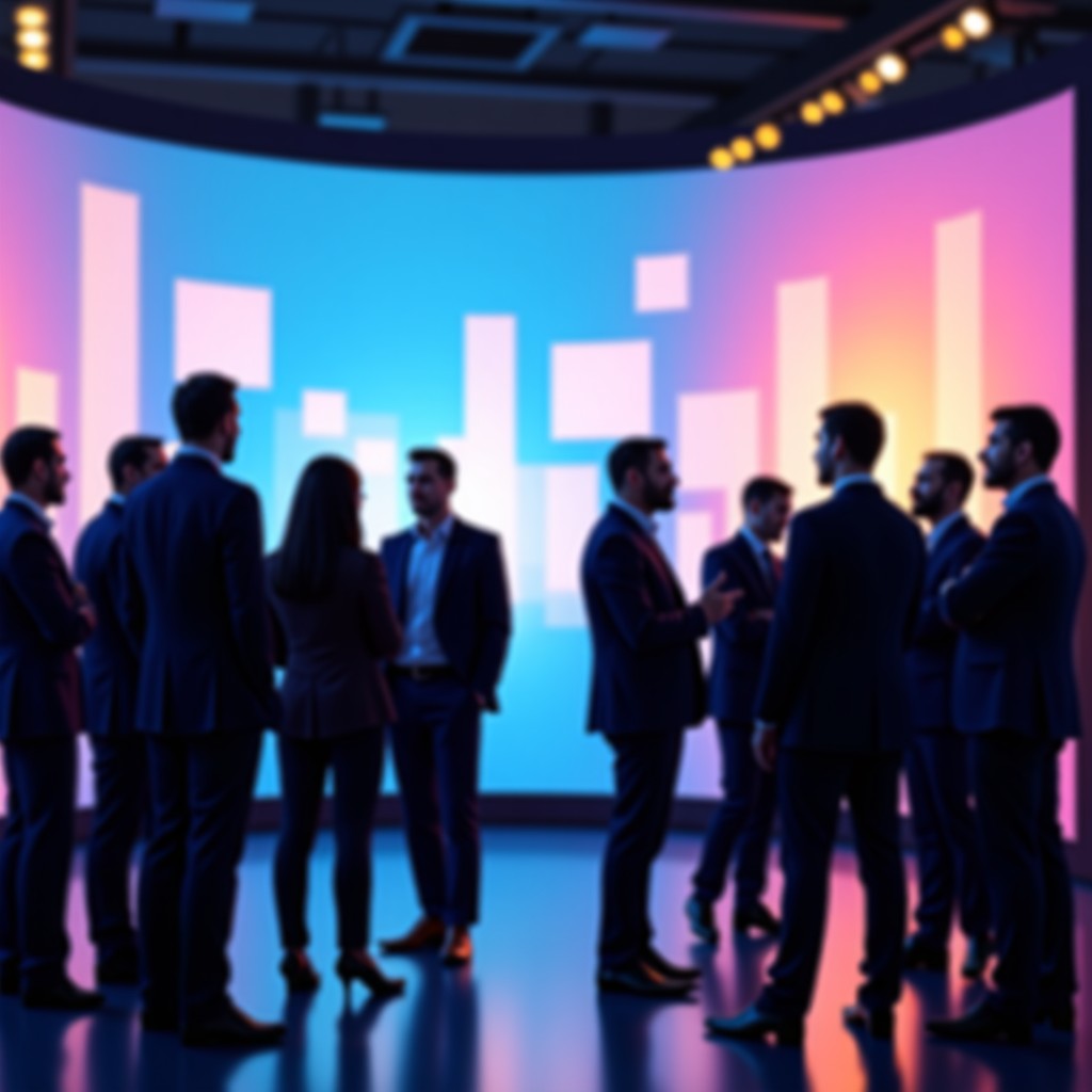 Professional business people discussing technology at a modern international tech conference in Doha, diverse background, bright professional atmosphere, 4:3