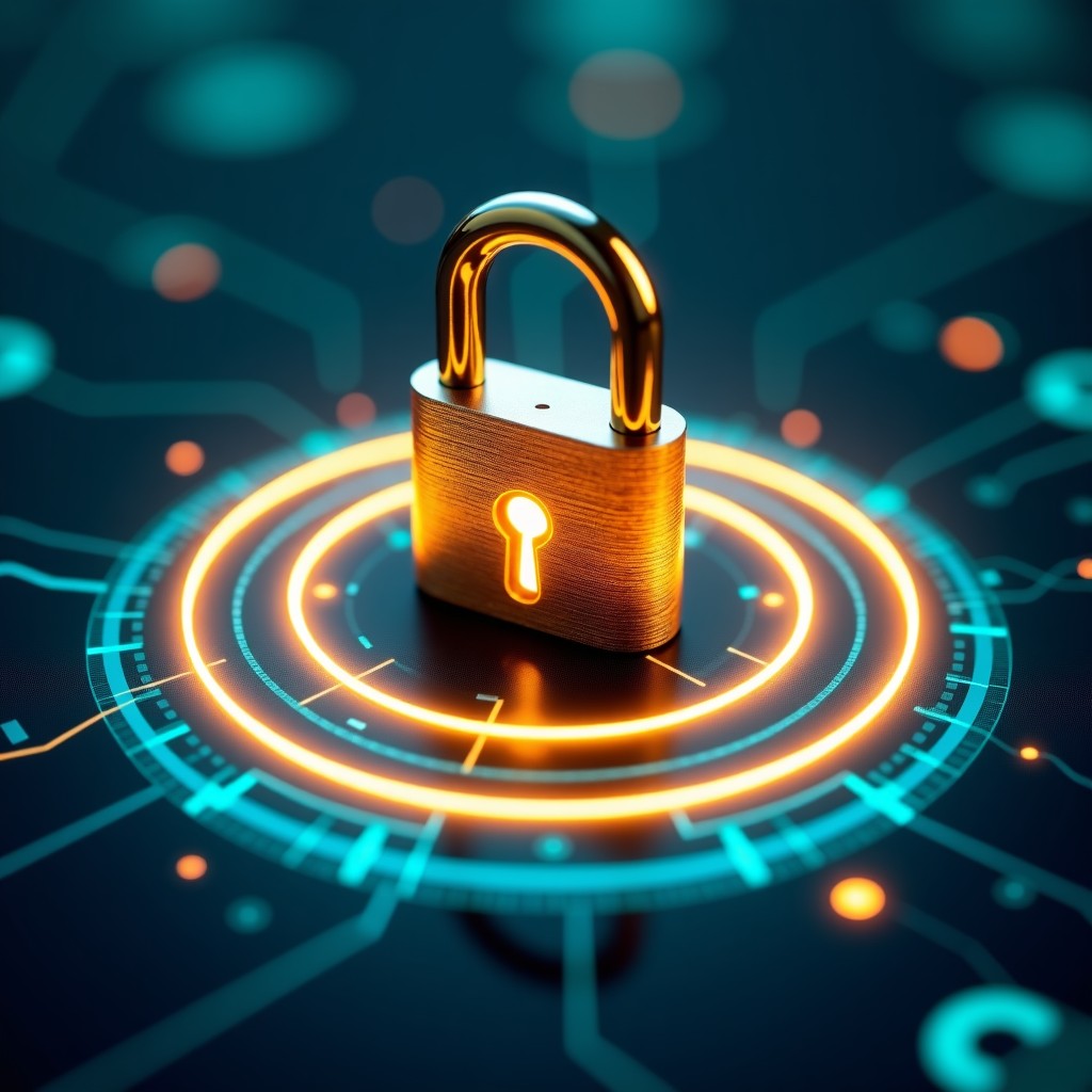 Close-up of a digital padlock with two layers of glowing holographic encryption rings, gold and cyan light effects, professional cyber defense imagery, 4:3