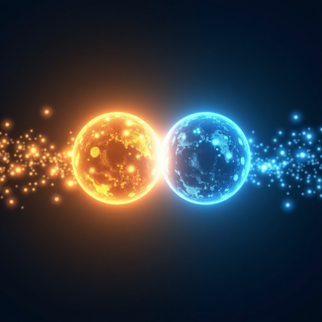 A conceptual illustration showing two glowing orbs representing different tech giants merging their light in a dark digital space. Golden and blue light trails. 4:3
