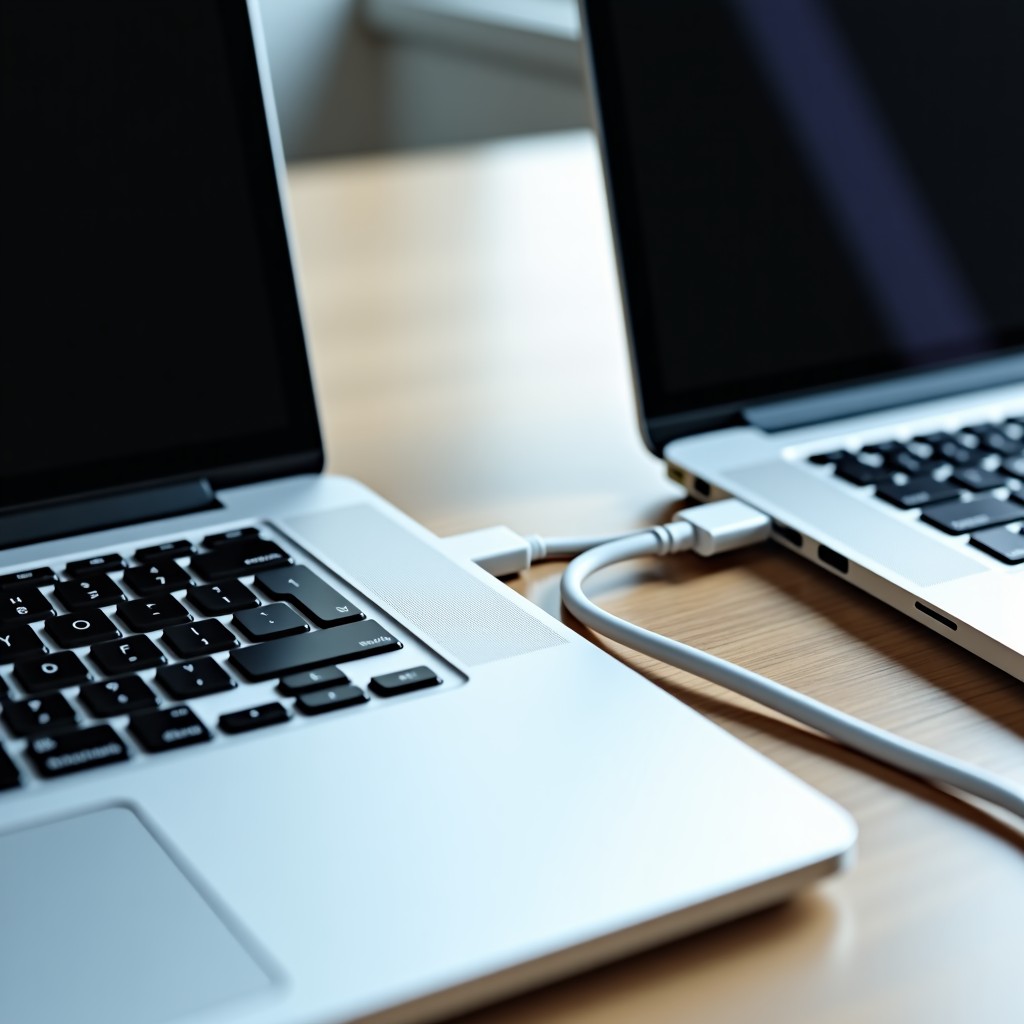 Two laptops connected via a white USB-C cable on a clean office table, a sense of technical troubleshooting and data recovery, realistic style, 4:3