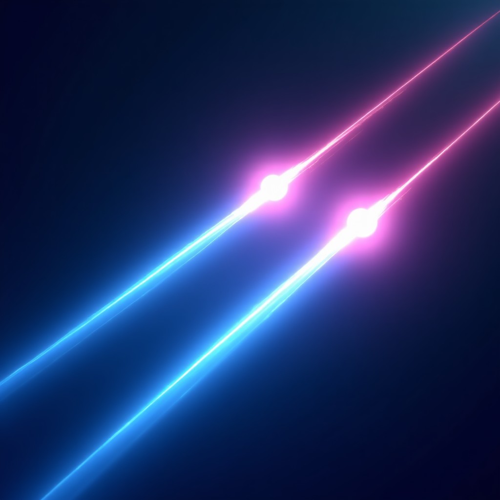 Two glowing futuristic light paths racing against each other in a dark digital space, representing the intense competition between OpenAI and Anthropic. Clean, modern aesthetic, high contrast with blue and purple tones, 1:1