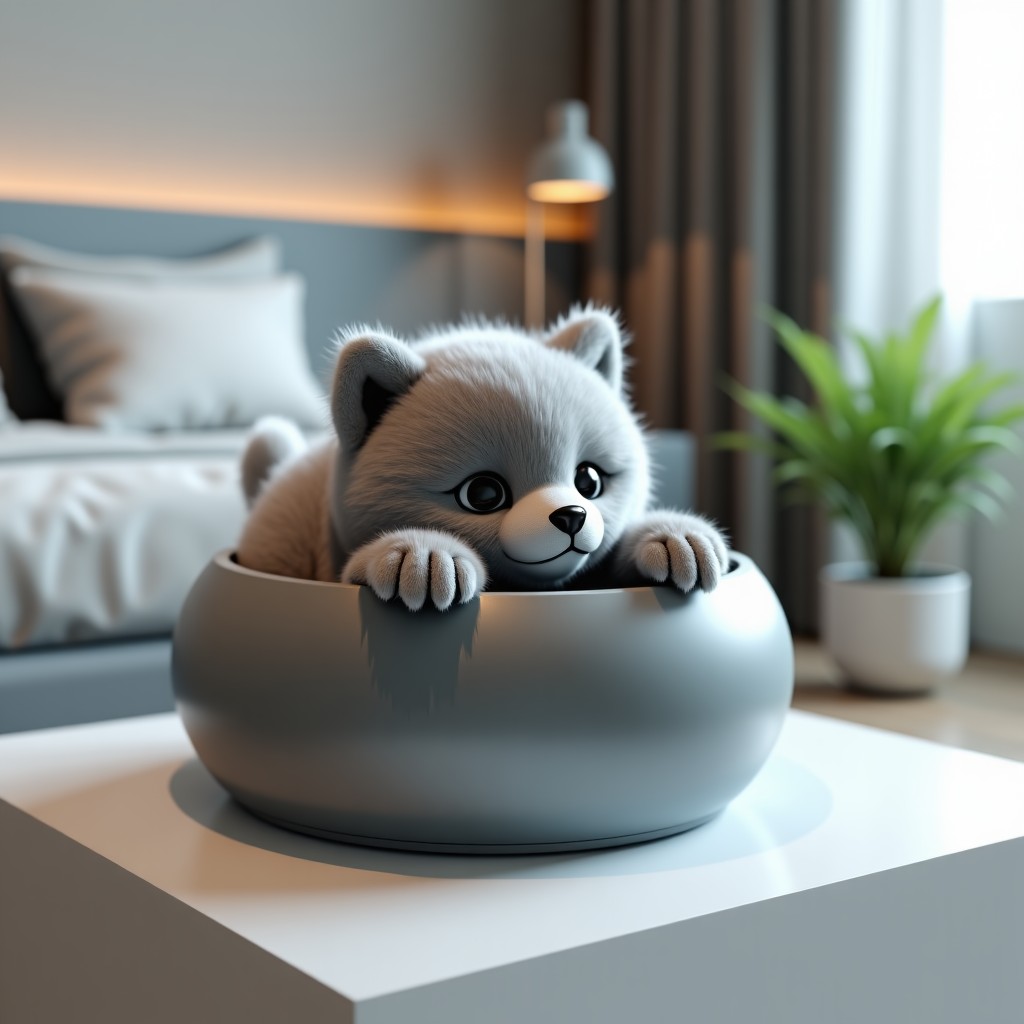 A fluffy grey AI pet robot Moflin resting inside a large grey oval-shaped charging dock. The dock is placed on a minimalist bedside table. High quality lifestyle photography. 1:1