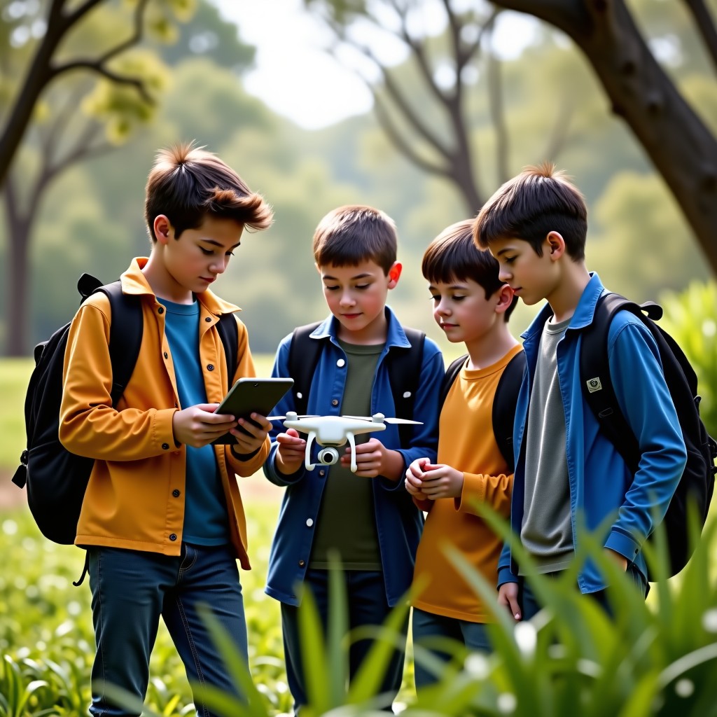 Group of diverse Australian students outdoors in a natural habitat, using a drone and digital sensors to study the environment. They are looking at a tablet screen together. Realistic photography, natural lighting. 4:3
