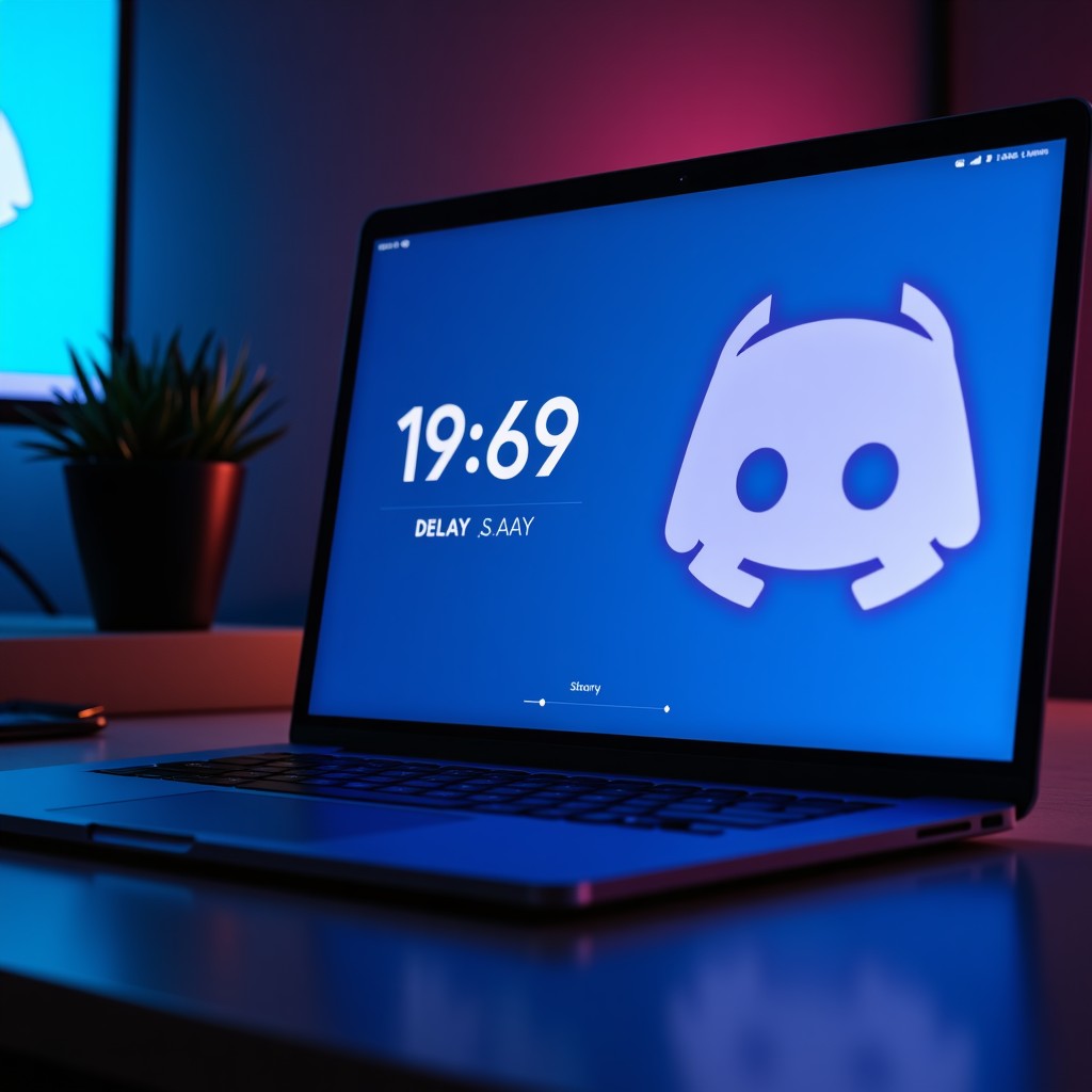 A digital clock showing a delay symbol next to a Discord-like communication app interface on a laptop screen, modern office lighting, high contrast, blue and purple color palette. 4:3