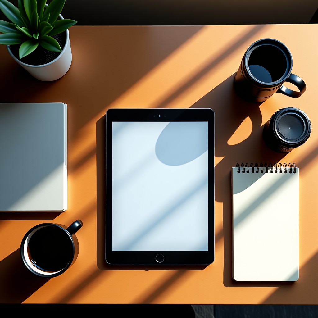 A top down view of a stylish wooden desk with a digital tablet showing a graphic design project. Beside it is a camera lens, a notebook, and a cup of coffee. Warm and cozy natural lighting. Detailed composition. 4:3