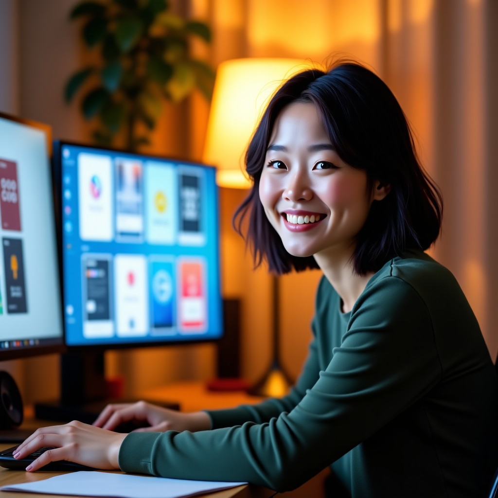 A smiling Korean woman sitting at a desk with a dual monitor setup showing completed graphic designs. She looks happy and satisfied with her work. Bright and cozy interior lighting. 4:3