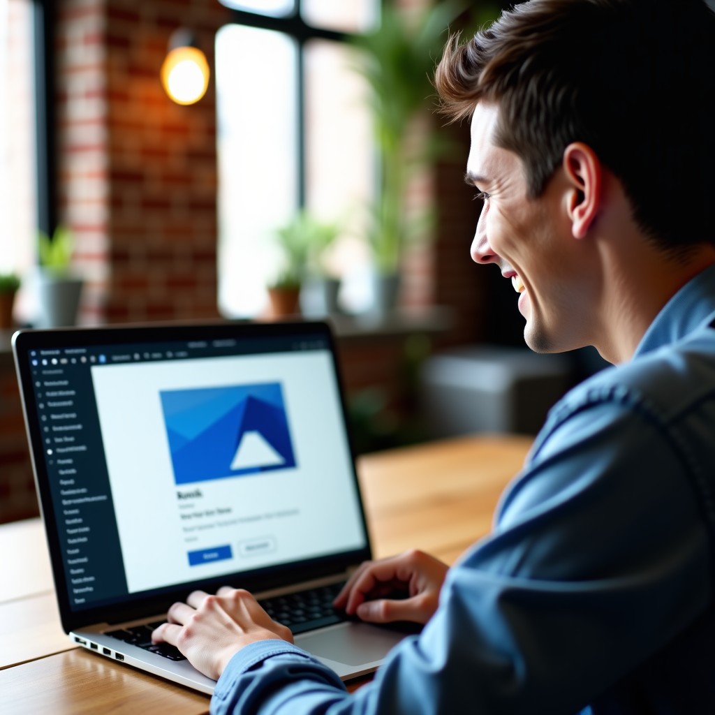 A close up shot of a person smiling while looking at a completed design project on a laptop screen. Natural indoor lighting with a blurred background of a creative studio. 4:3
