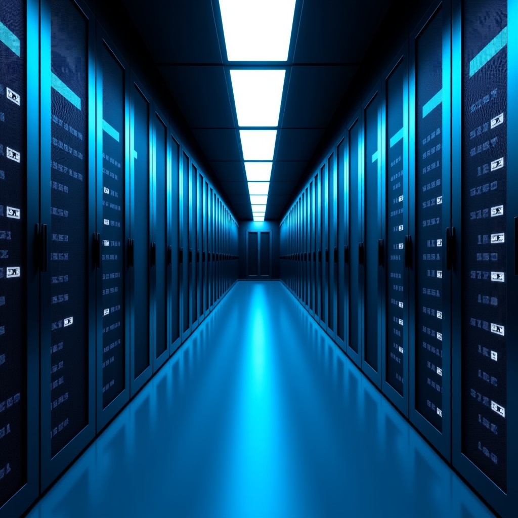 A modern data center with glowing blue lights on server racks. The perspective is looking down a long corridor of servers, representing large-scale data processing and surveillance capabilities. High contrast. 4:3