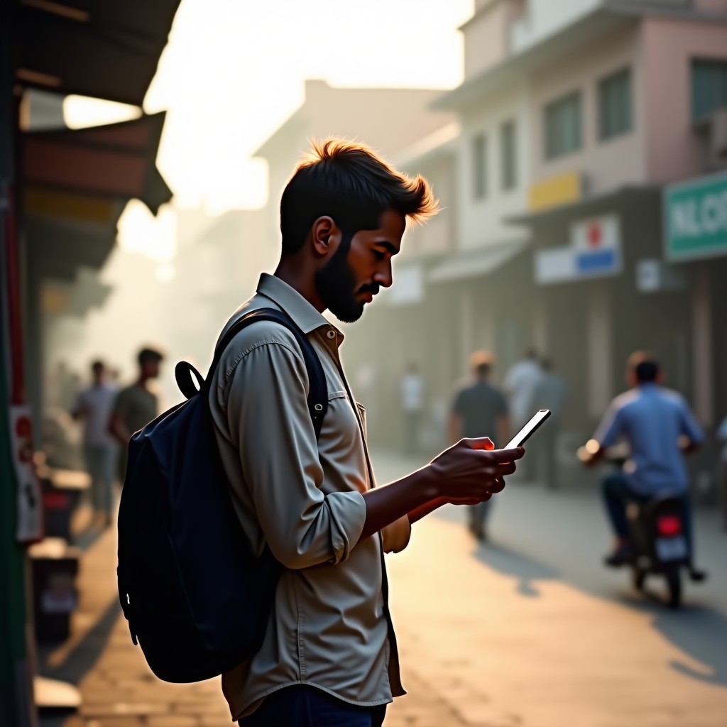 A realistic scene of a street vendor in India using a smartphone for business, highlighting the importance of digital literacy and privacy rights, natural lighting, 4:3