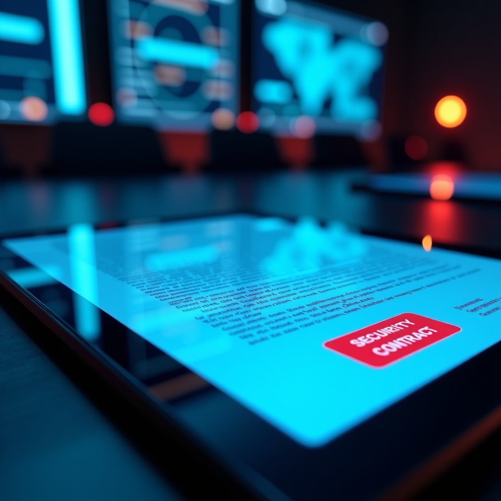 Close up of a glowing digital contract on a tablet with a red digital security stamp, background shows a blurred high-tech military command center with large maps, blue and red lighting, professional and high stakes mood, no text, 4:3