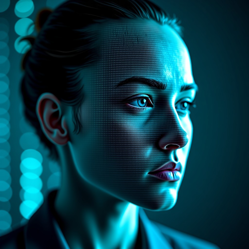 A cinematic and slightly dark conceptual image of a human face being digitally replaced by a glitchy AI-generated mask. The background is filled with streams of binary data and holographic interface elements. The lighting is cold blue and teal, representing cyber security and digital identity. 4:3