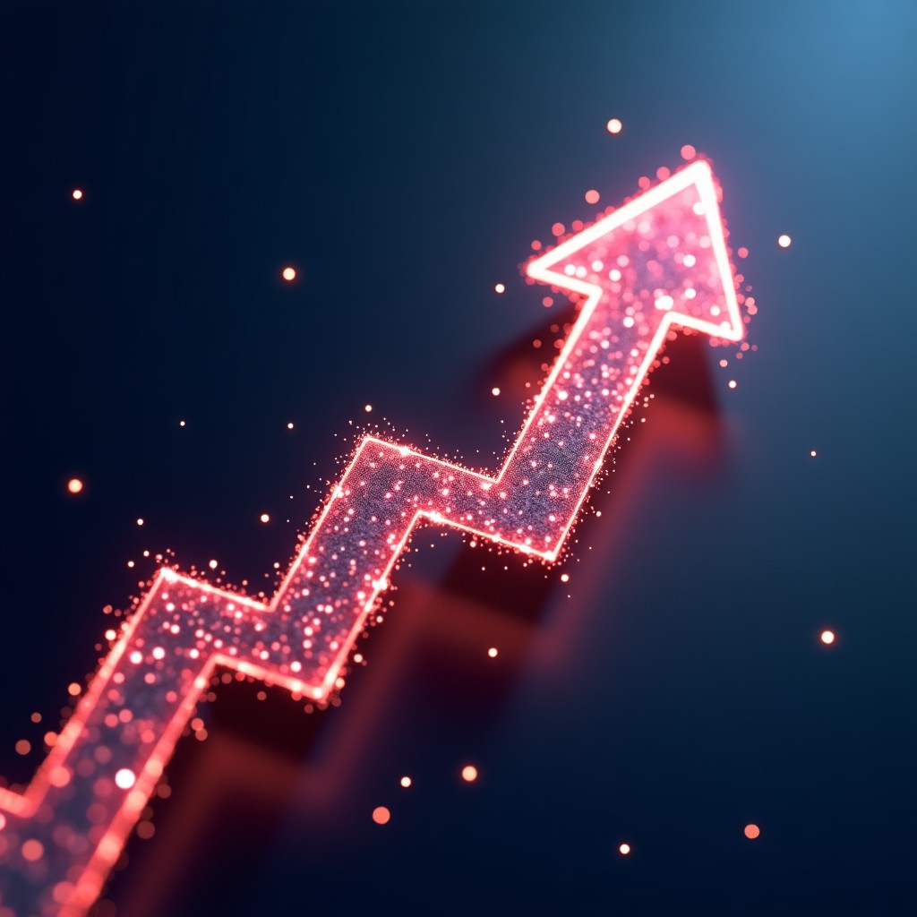 A 3D stylized upward arrow made of glowing digital particles moving through a dark tech landscape, representing growth and momentum, 1:1