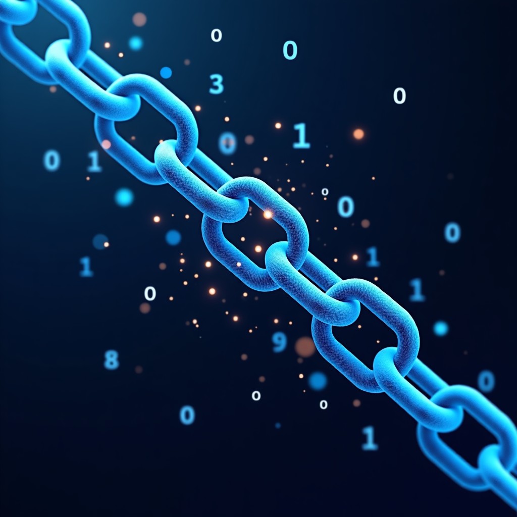 A conceptual illustration of a digital chain breaking apart, with binary code falling away, high contrast professional design, 4:3