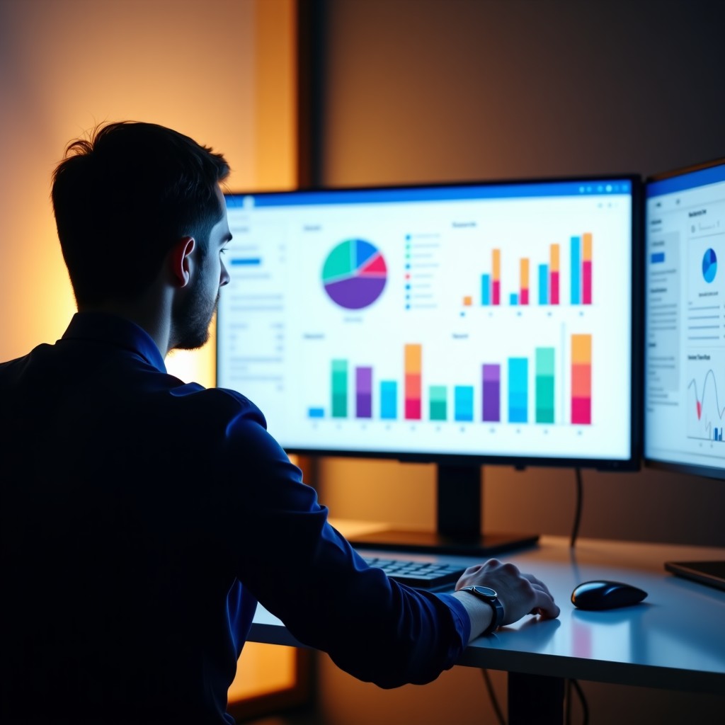 An over the shoulder shot of a person sitting at a desk looking at a large monitor displaying colorful data charts and social media campaign metrics. The atmosphere is professional and focused. Soft warm lighting, modern interior, no text or numbers on the charts. 4:3