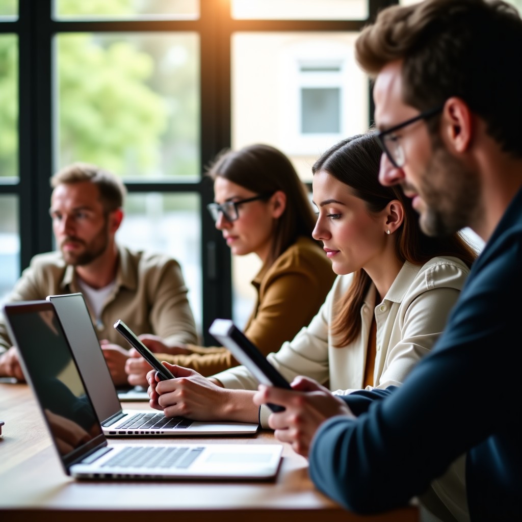 Diverse group of people using tablets and laptops in a bright cafe, natural sunlight, expressions of engagement and focus, lifestyle photography, warm and inviting atmosphere, 4:3