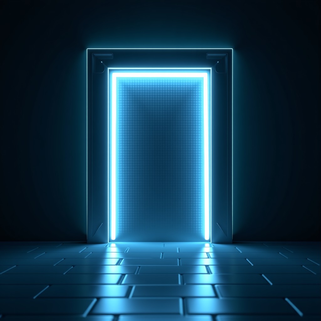 A futuristic digital vault door made of light beams and binary data, dark background, cinematic atmosphere, 1:1