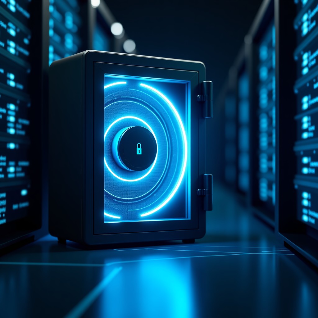 A high-tech digital vault with glowing blue encryption lines and a symbolic padlock in a dark server room setting, cinematic lighting, 4:3