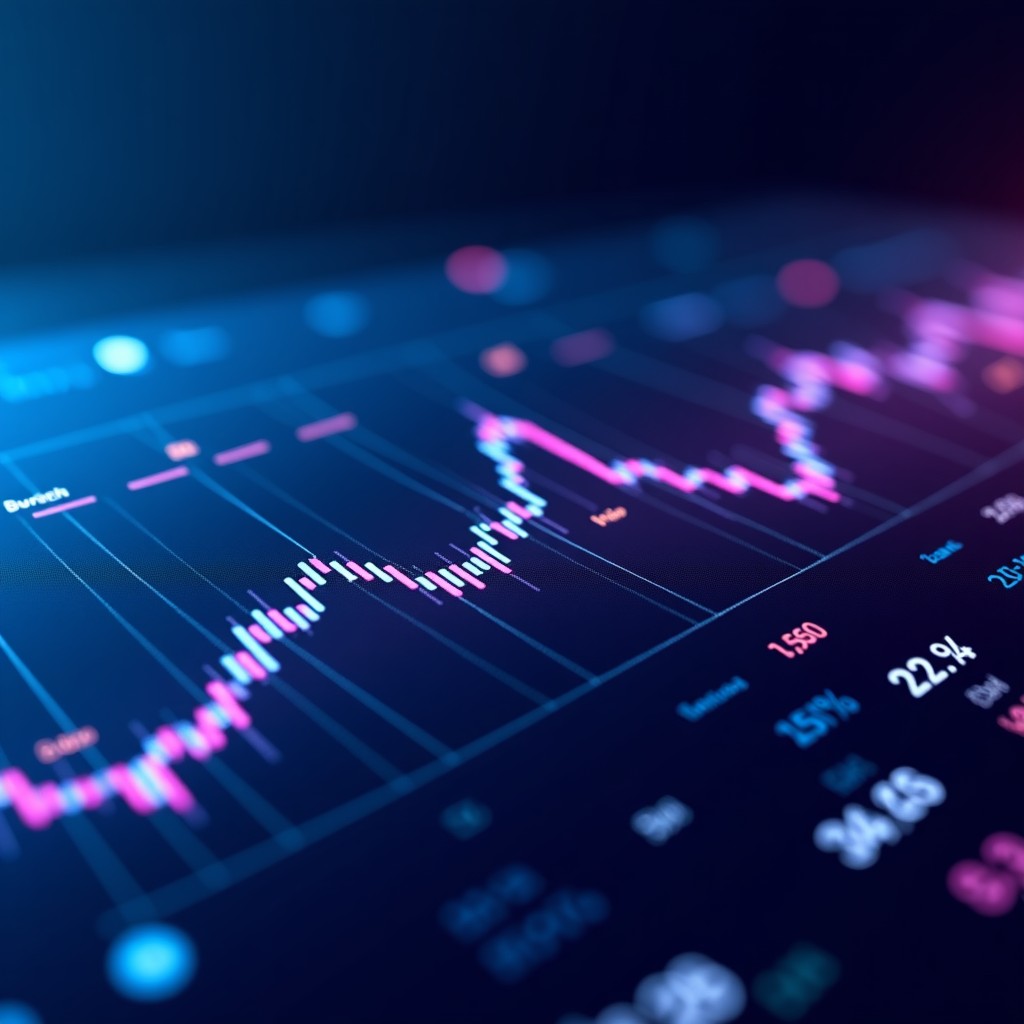 A high-tech digital interface displaying complex betting odds and financial line graphs, neon blue and purple highlights on a dark background, modern fintech aesthetic, glowing icons, no text, 4:3