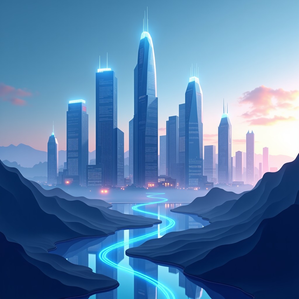 A clean and sophisticated digital landscape representing the future of finance. Stylized skyscrapers made of data blocks and glowing circuits under a bright sky. High contrast and minimalist design. 4:3