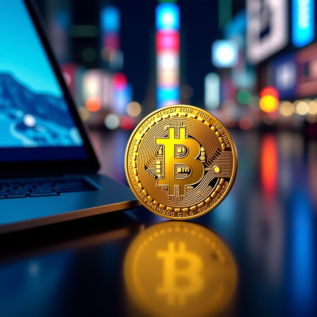 A detailed composition of a golden physical coin with a circuit board pattern on its surface, placed next to a high-tech laptop. The background is a blurred financial district at night. Rich colors, sharp focus. 4:3