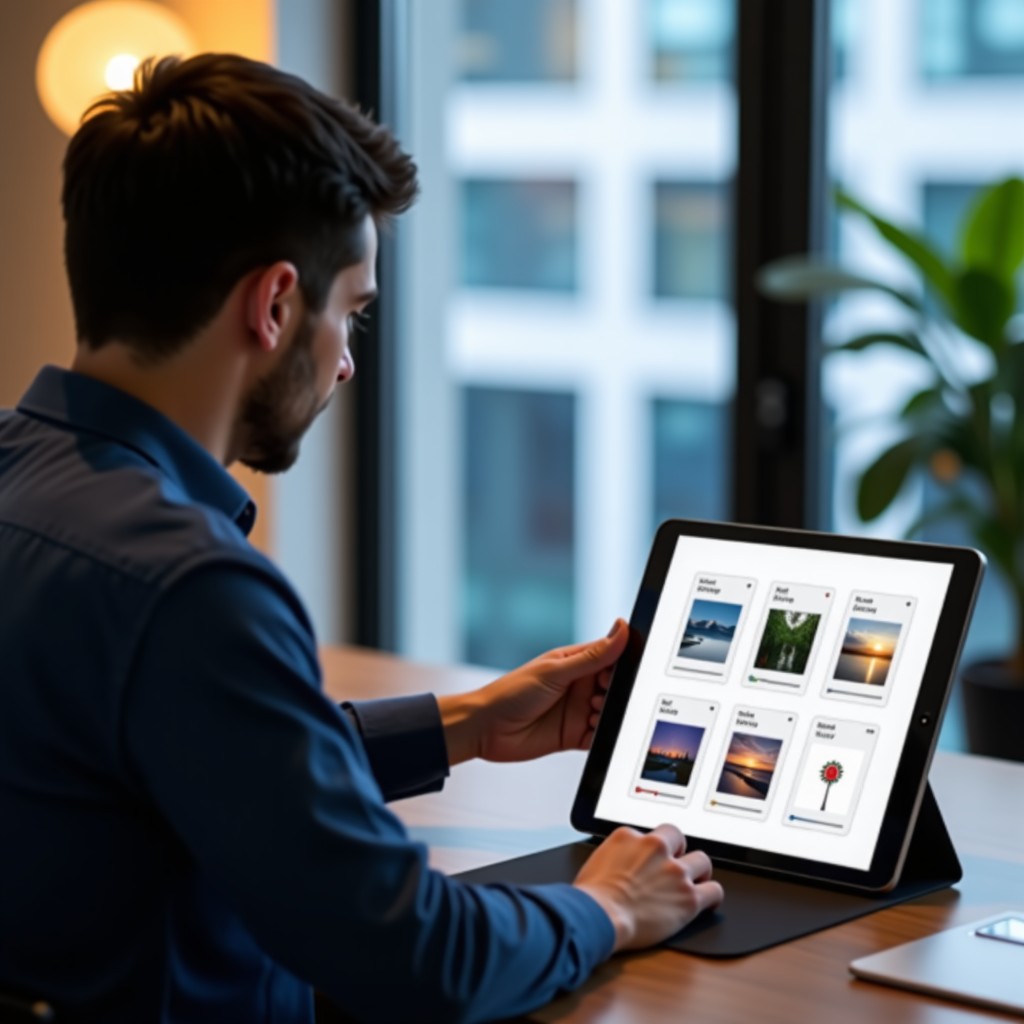 An office worker efficiently choosing between different AI image style presets on a tablet, modern workplace, 4:3