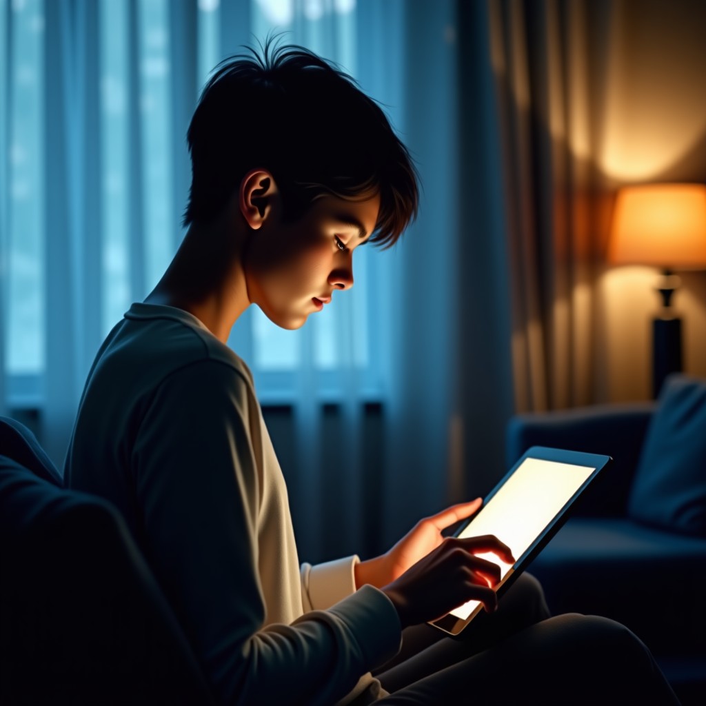 A person looking at a digital tablet with a subtle glowing aura reflecting on their face in a dimly lit modern room 1:1