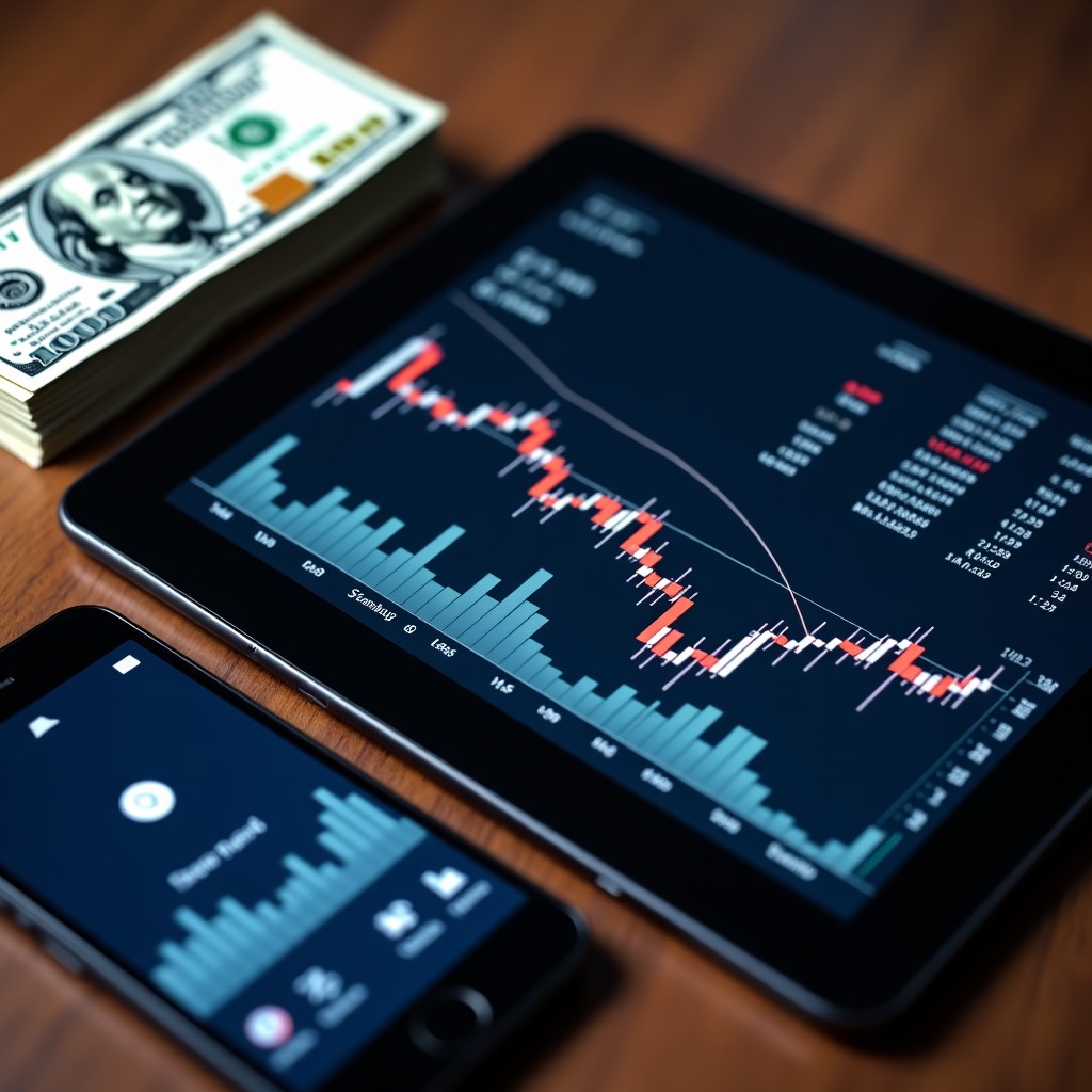 A professional top-down view of a tablet displaying complex financial trading charts next to a stack of hundred dollar bills. A smartphone with a notification icon is partially visible. The background is a clean dark wooden desk. Moody lighting with sharp focus on the charts. 4:3