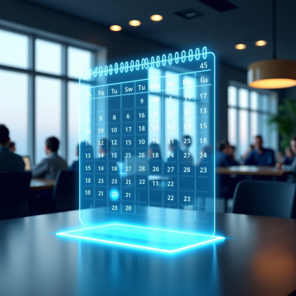 A digital holographic calendar floating in a bright and modern office space showing various meeting slots being automatically filled with light effects, 4:3