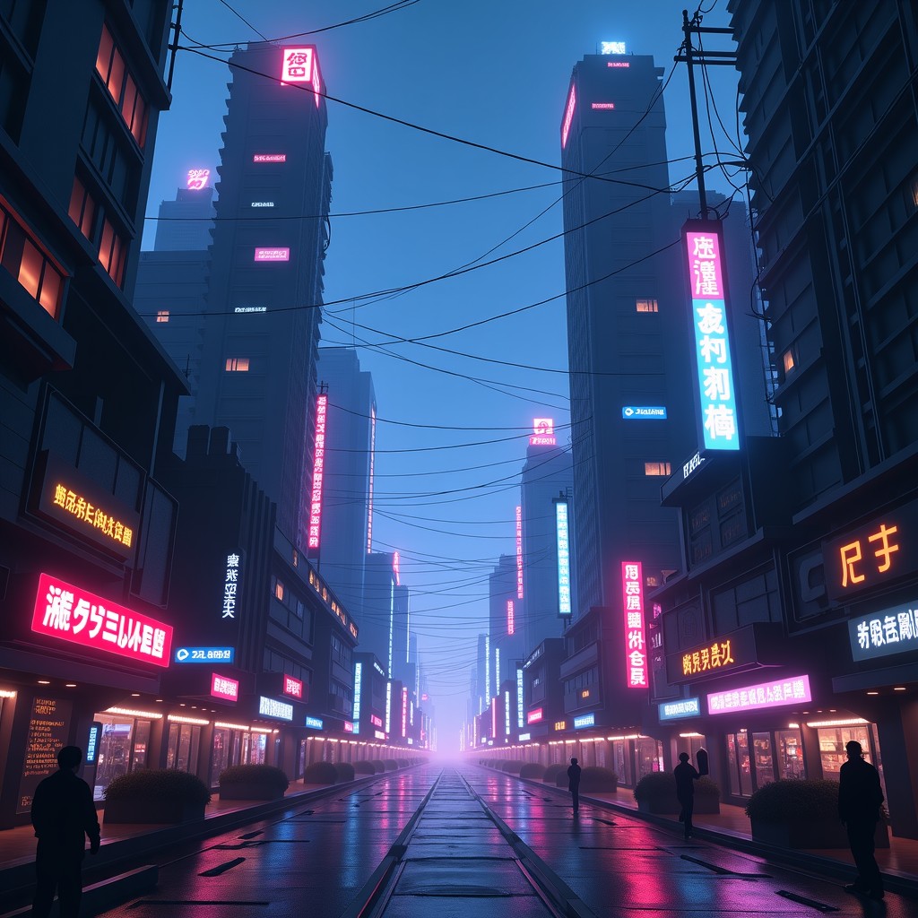 Cyberpunk style futuristic city with glowing network lines connecting buildings, night time with neon lights, cinematic atmosphere, 4:3
