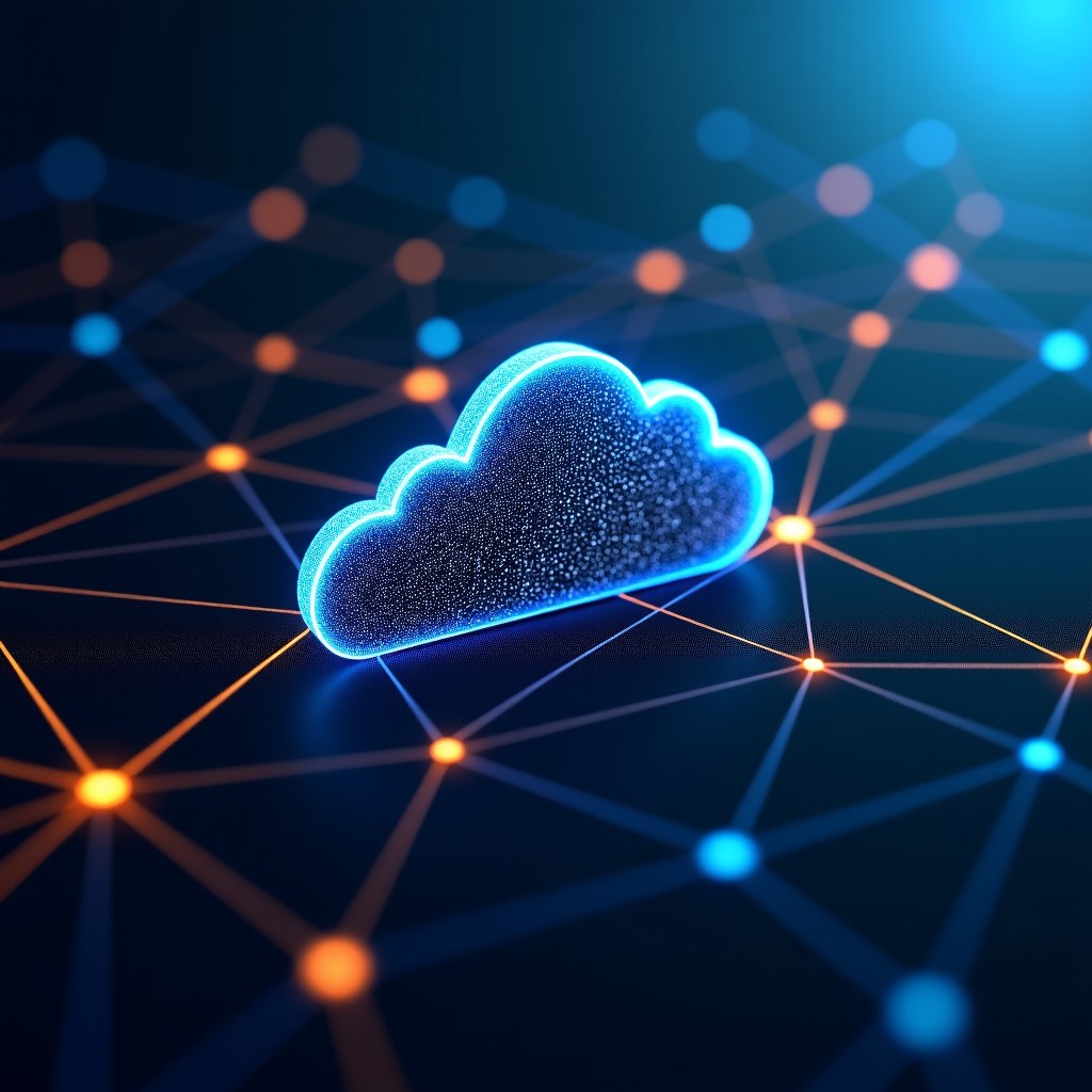 Abstract digital representation of cloud computing and AI network nodes, glowing blue and gold connections, intricate data patterns on a dark textured background, 1:1